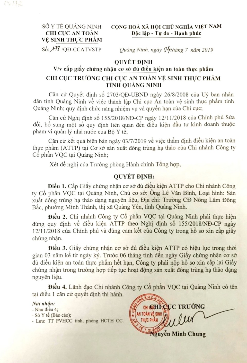 Chứng nhận sản phẩm đông trùng hạ thảo Kim Cương Vàng Store