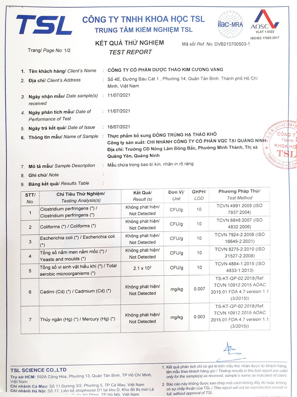 Chứng nhận sản phẩm đông trùng hạ thảo Kim Cương Vàng Store